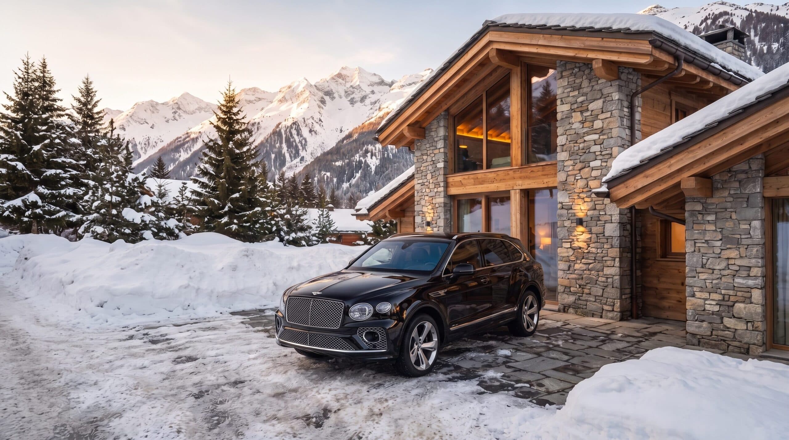 Black Bentley Bentayga outside a snow-covered mountain chalet