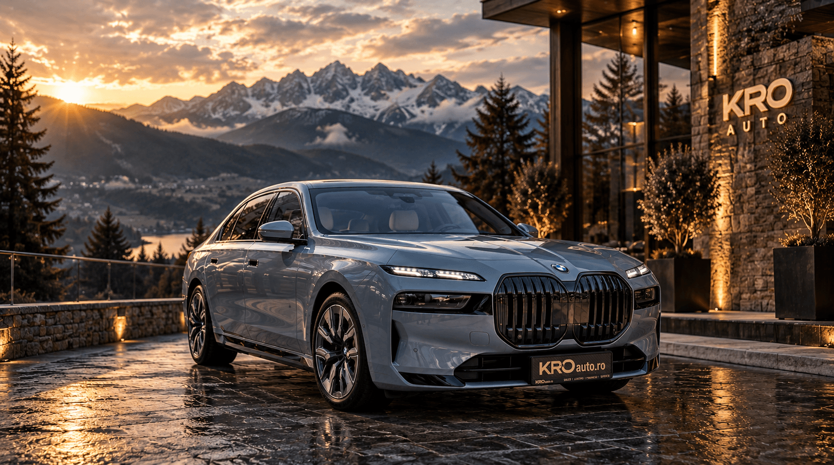 Silver BMW 740d xDrive at a mountain lodge entrance at sunset