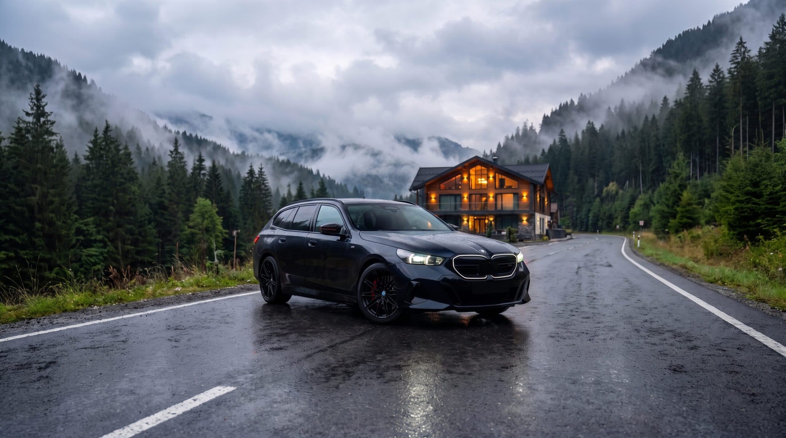 Black BMW M5 on a wet mountain road with a lit chalet behind it