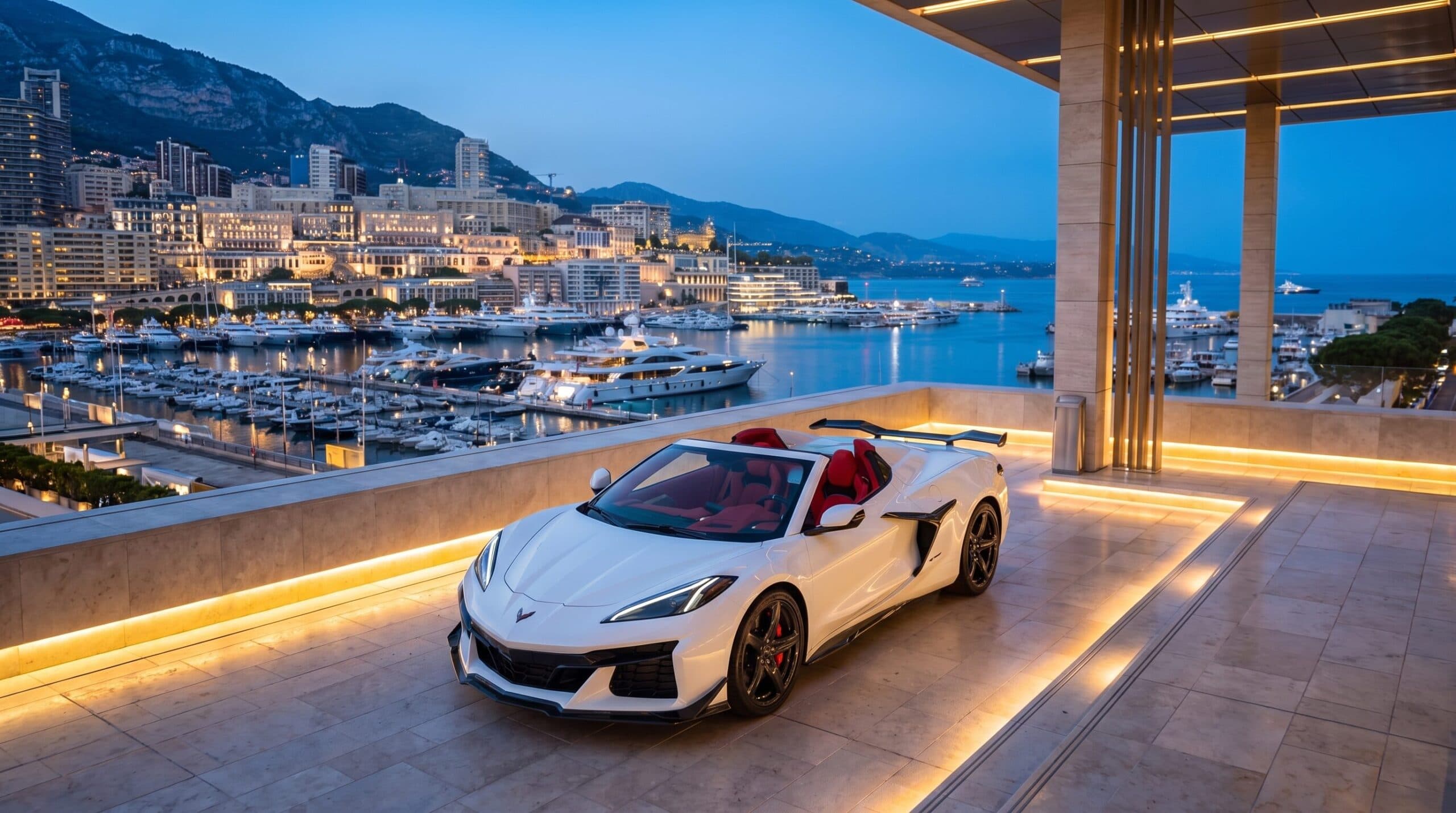 White Chevrolet Corvette Z06 Convertible on a terrace overlooking a harbour at dusk