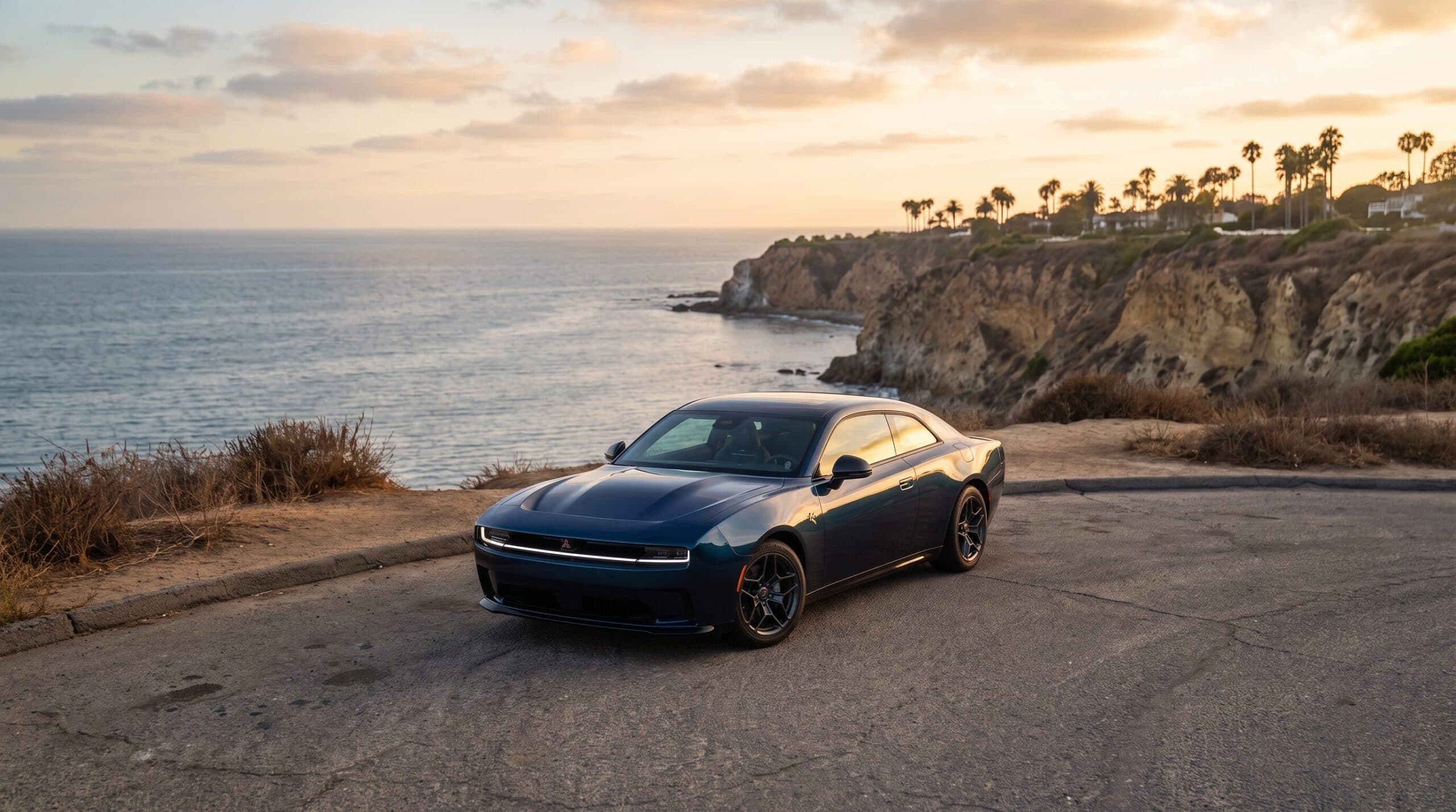 Dark blue Dodge Charger Daytona on a clifftop road above the ocean at sunset