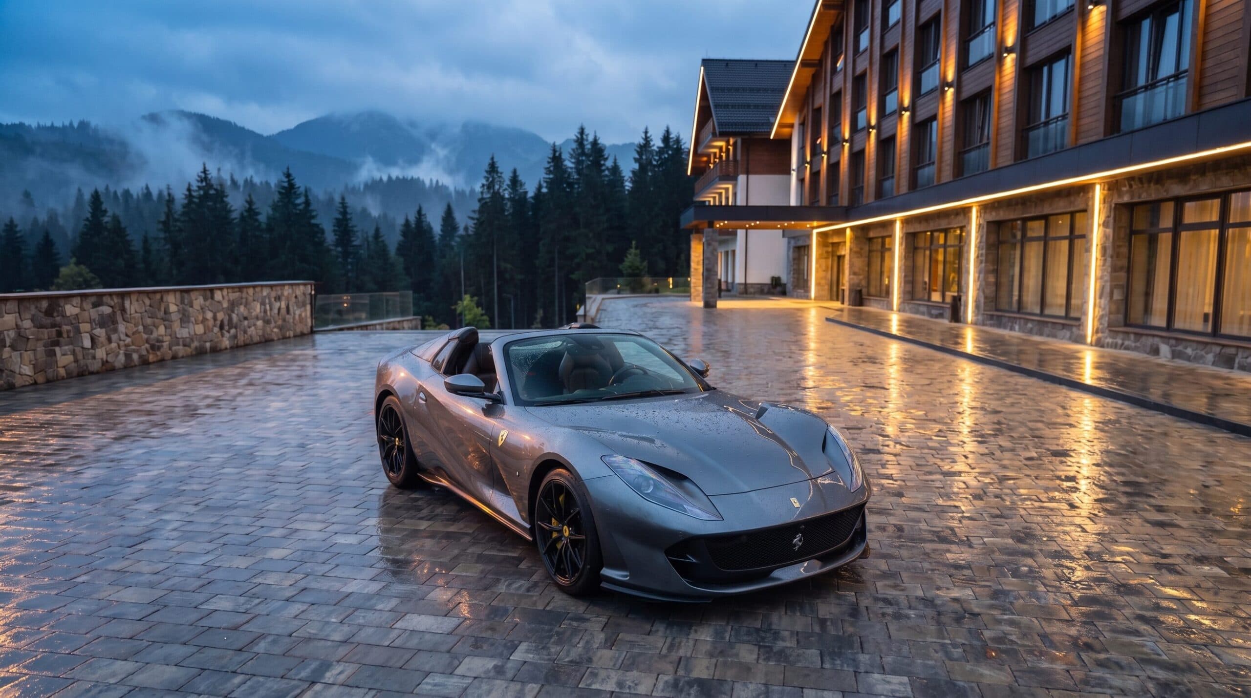Grey Ferrari 812 GTS with the roof down on a wet cobbled forecourt outside a mountain hotel