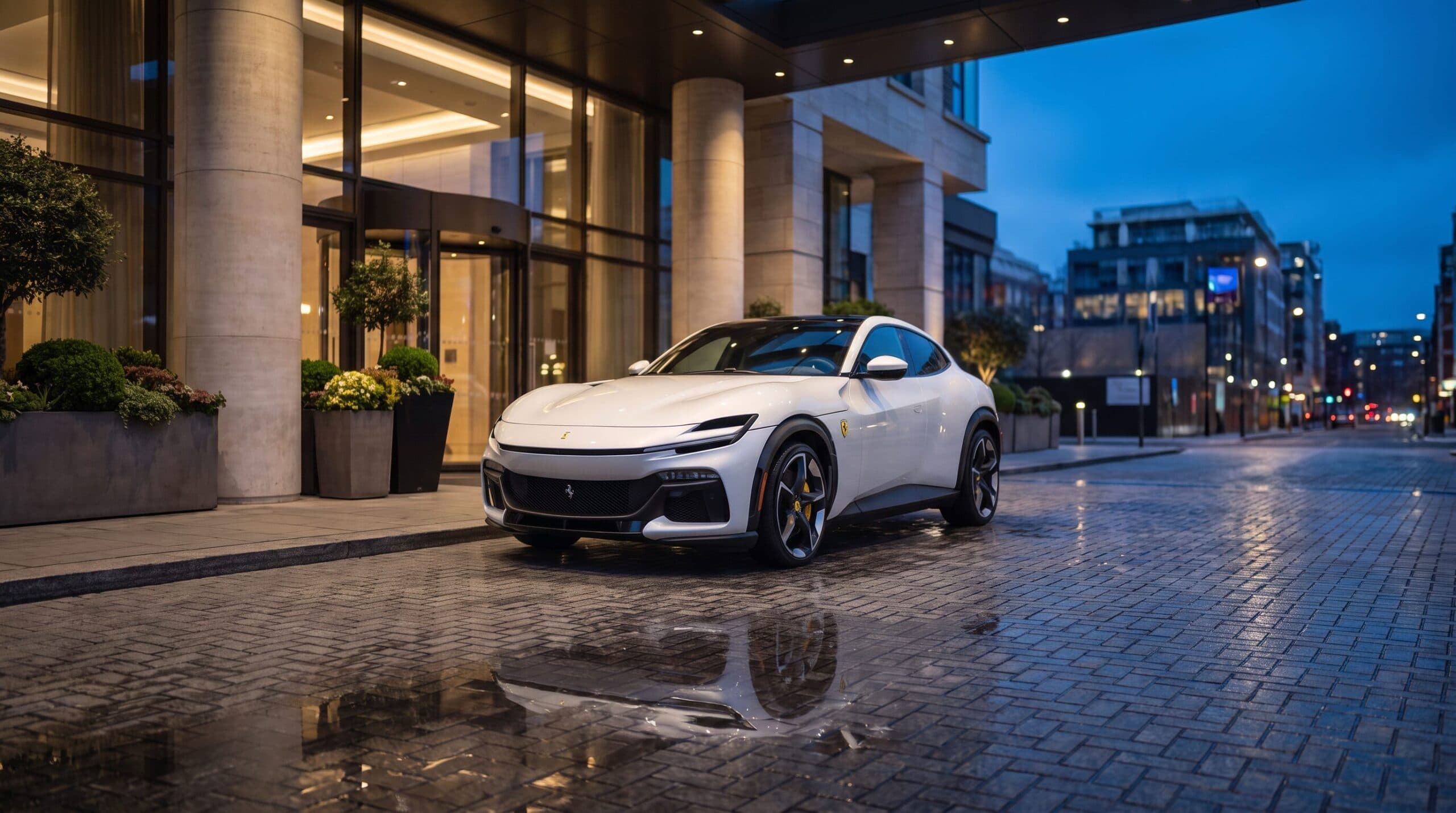 White Ferrari Purosangue parked outside a hotel entrance on a wet evening street