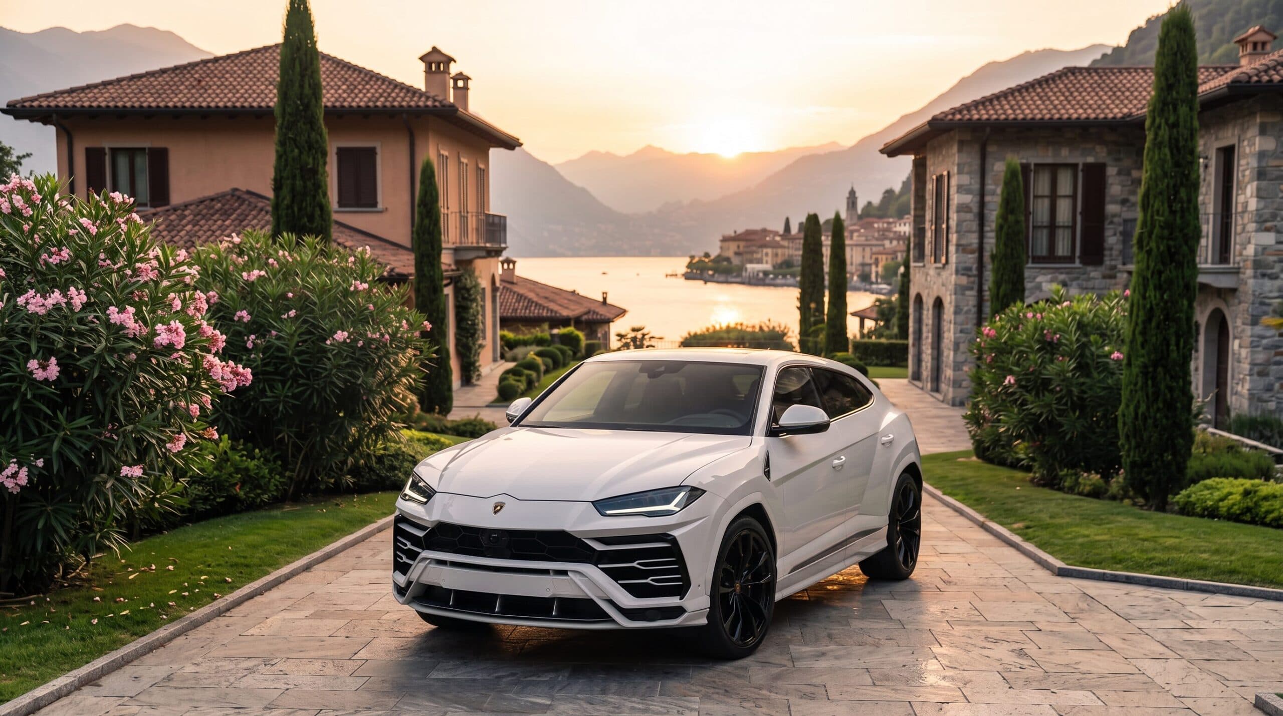White Lamborghini Urus on a villa driveway by a lake at sunset