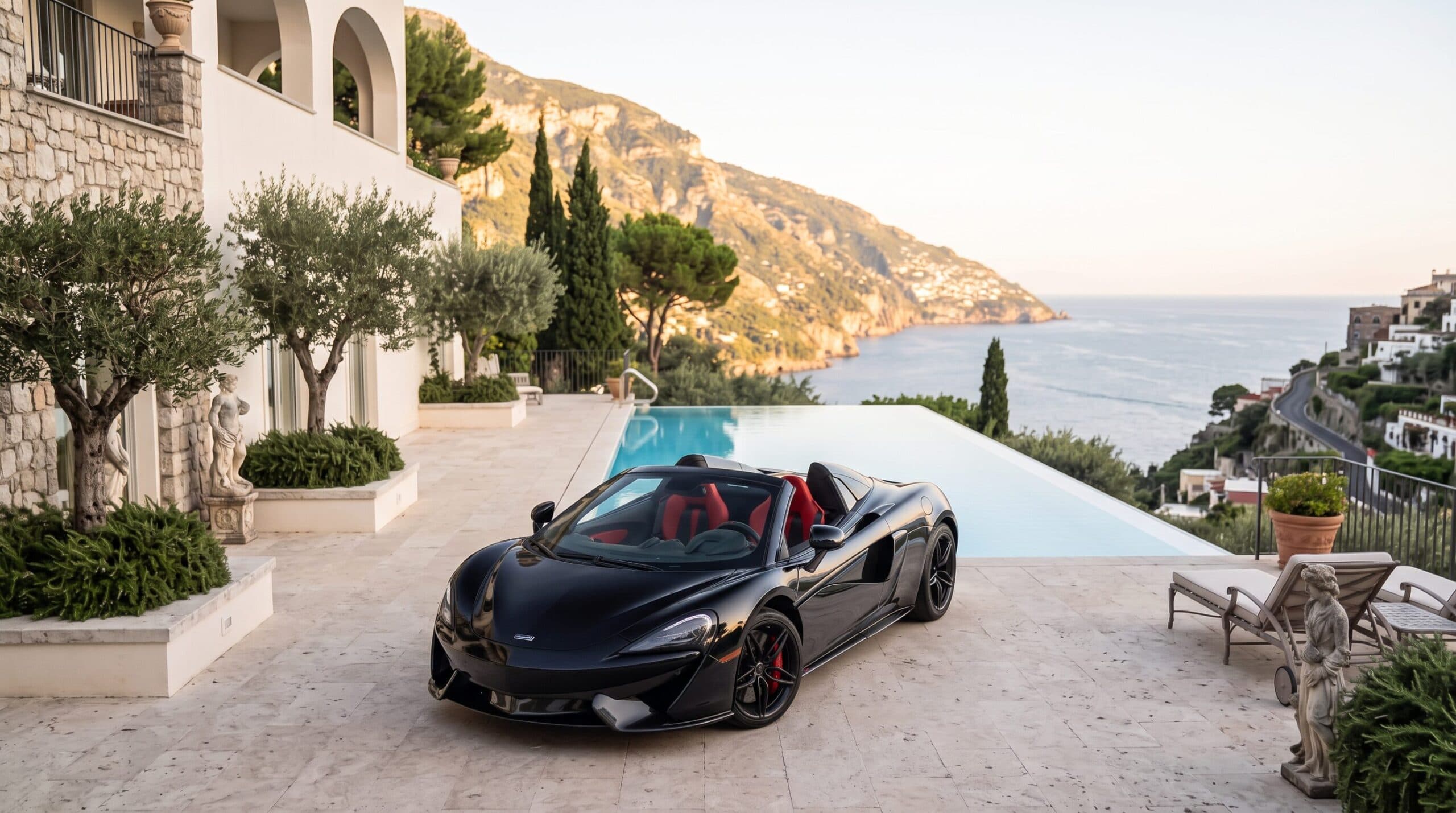 Black McLaren 570S Spyder with the roof down on a villa terrace above the sea