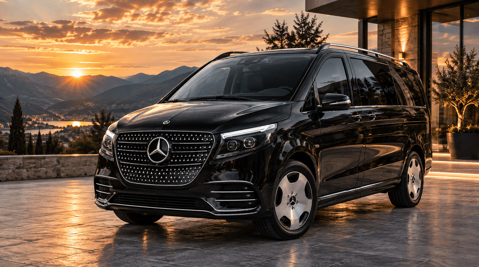 Black Mercedes-Benz V-Class on a villa terrace with mountains behind at sunset