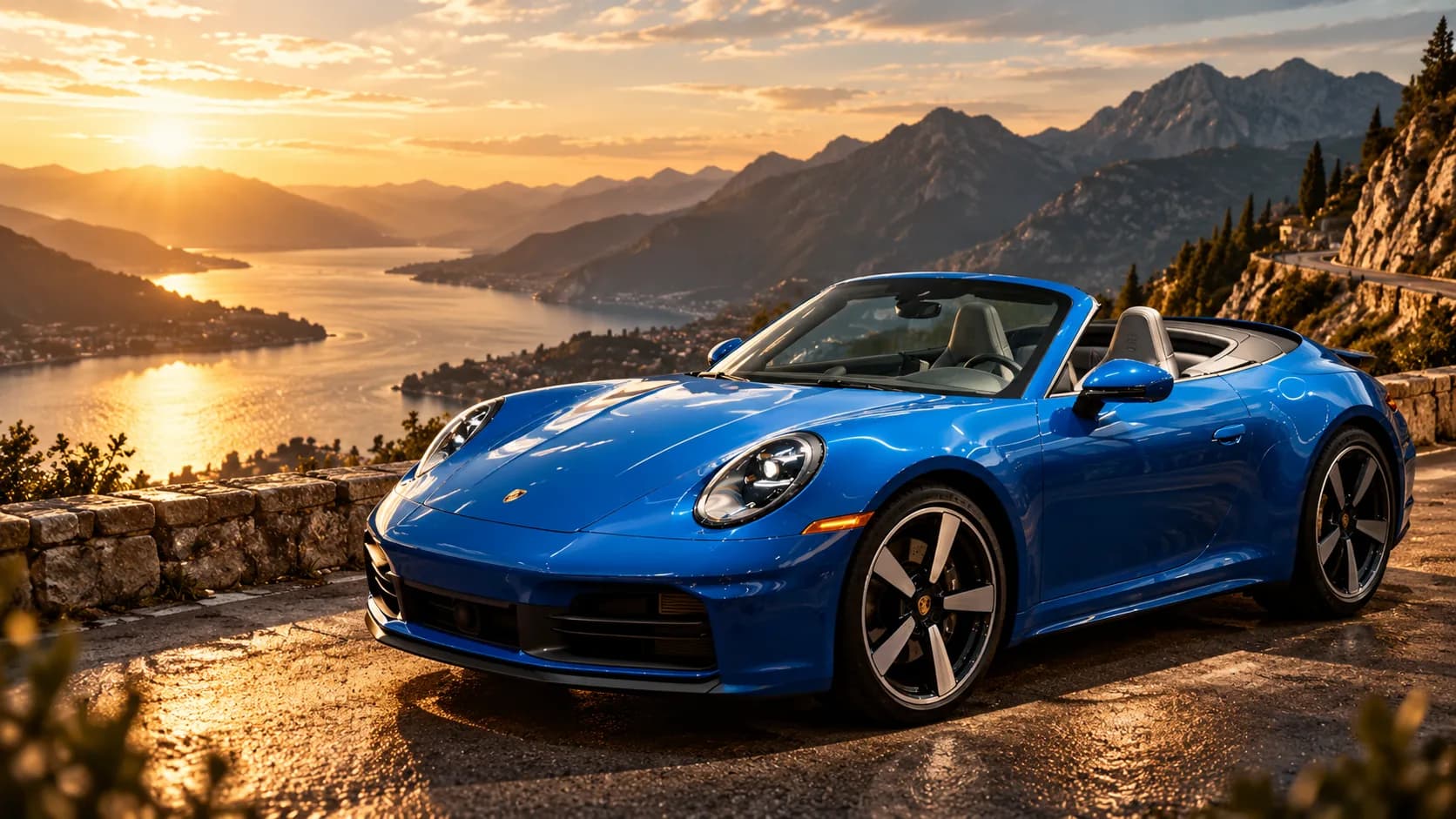 Blue Porsche 911 Carrera Cabriolet with the roof down on a mountain road above a lake at sunset