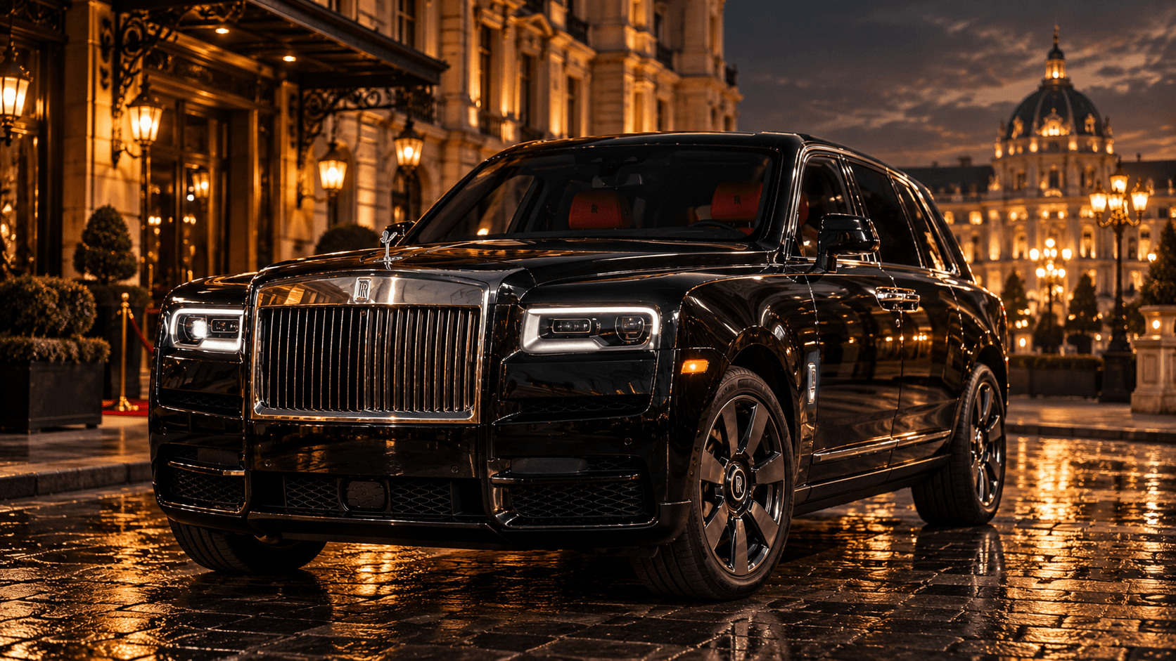 Black Rolls-Royce Cullinan at night in front of an illuminated grand hotel