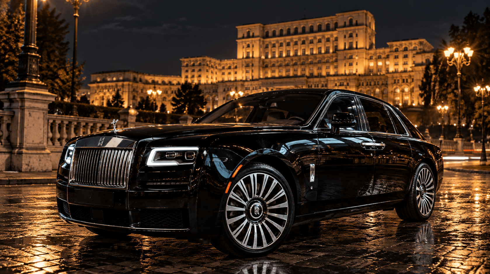 Black Rolls-Royce Ghost on wet cobblestones in front of an illuminated palace at night