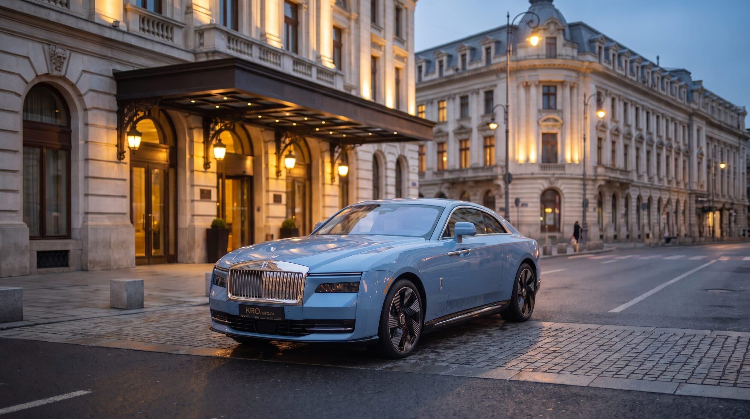 Pale blue Rolls-Royce Spectre outside a grand hotel entrance at dusk