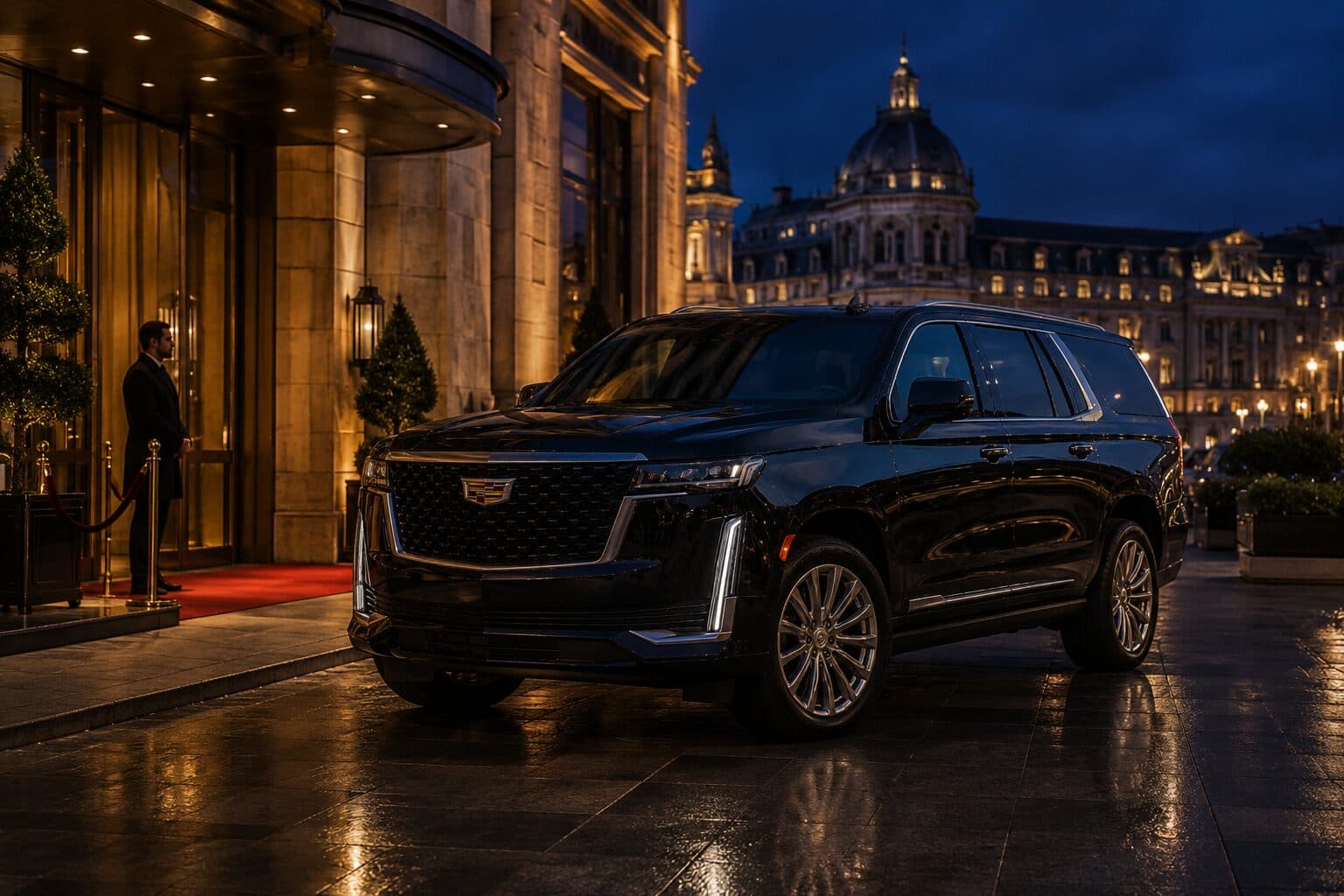 Black Cadillac Escalade outside a grand hotel at night, with a chauffeur by the door