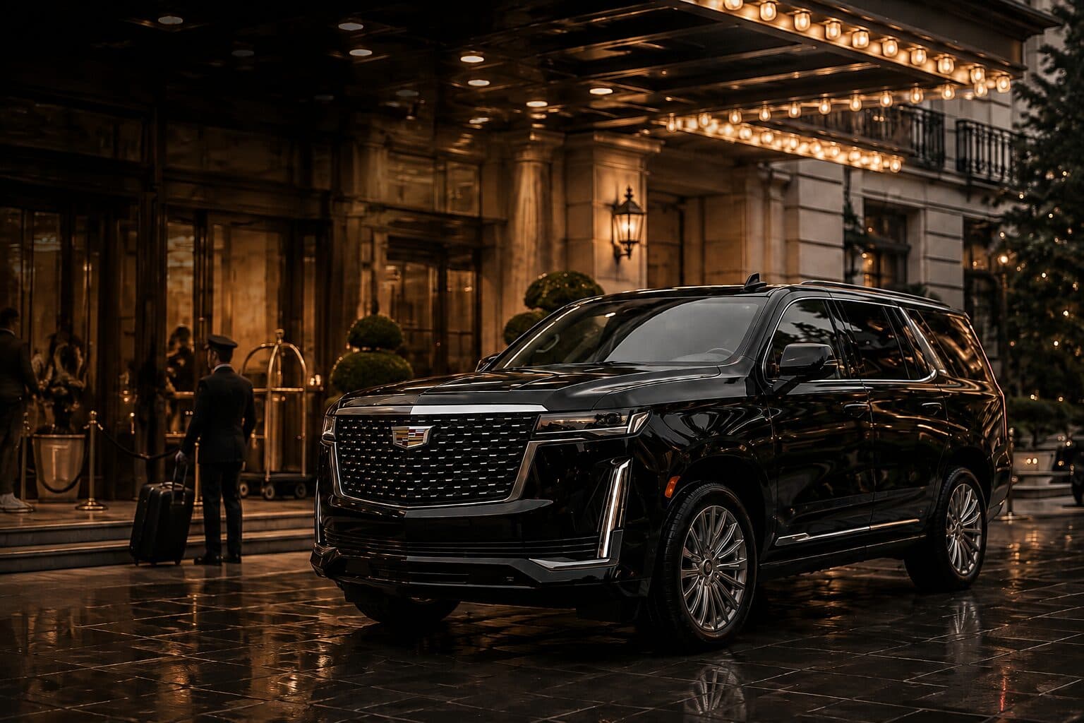Black Cadillac Escalade at a hotel entrance while a doorman stands by with luggage