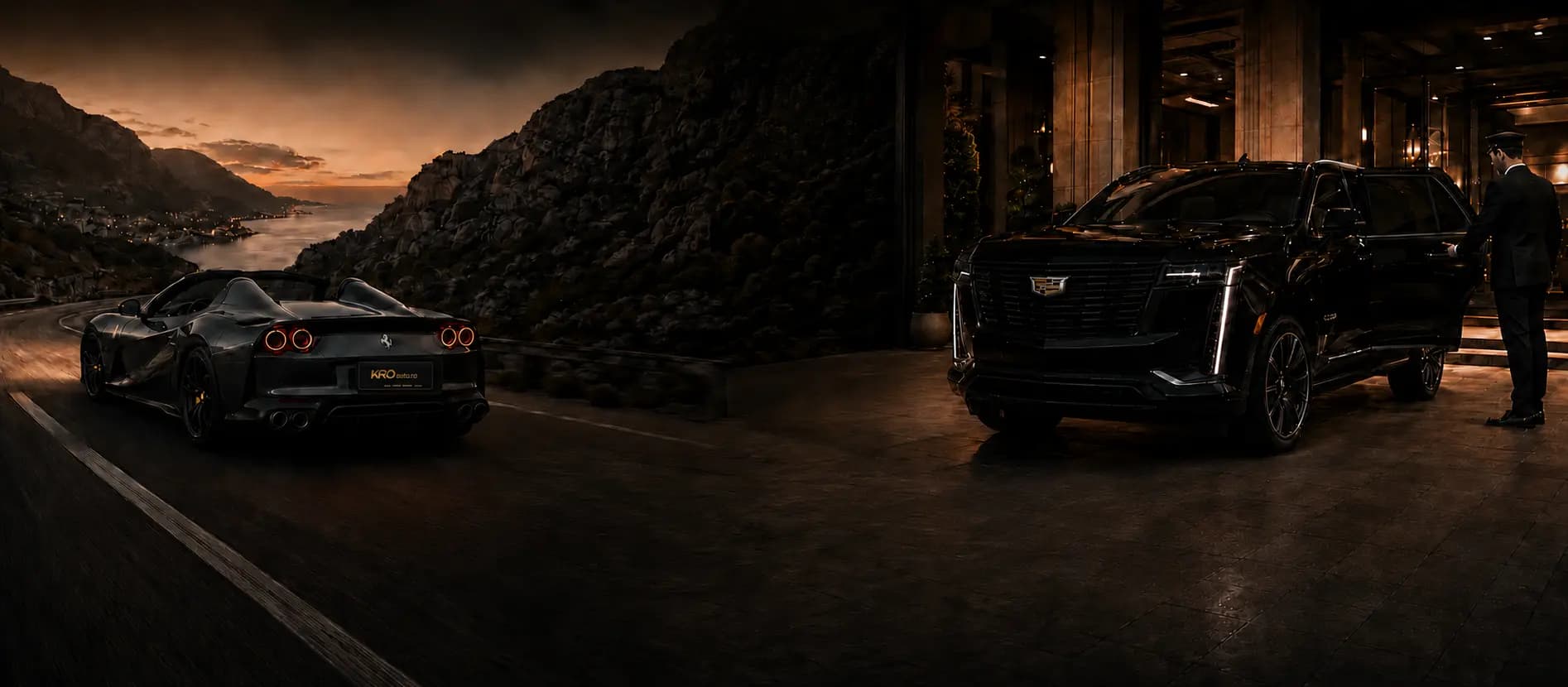 A Ferrari on a coastal road at dusk beside a chauffeur opening the door of a black Cadillac Escalade